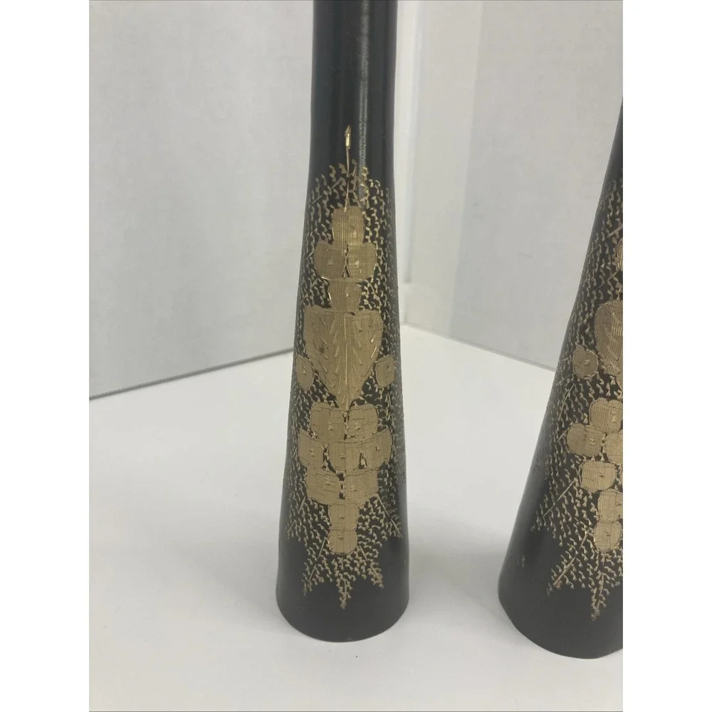 Set of 2 Vtg Solid Brass Black Gold Hand Etched Flower Design Vases 9.5 inch‎